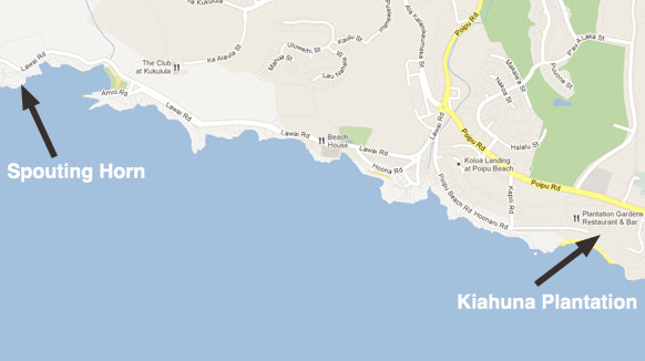Map to Spouting Horn from Kiahuna Plantation